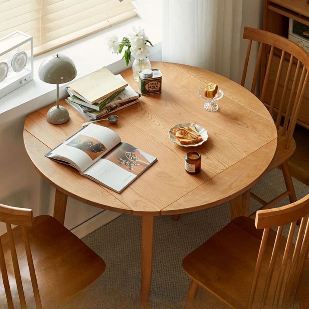 Round Solid Wood Dining Table fold 4 sides